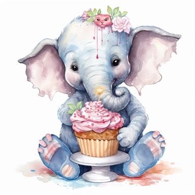 cute elephant sitting down eating a cup cake, clipart, water colour hd