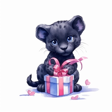 Cute cartoon black panther with bow clipart for childish cards and books, illustration style, on white background, 4k, detailed, hd, watercolor