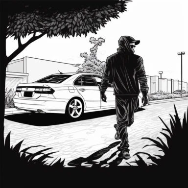 Thief approaching parked honda accord, adobe illustrator, illustration, black and white line art, dynamic composition, forced perspective, clipart, blank background