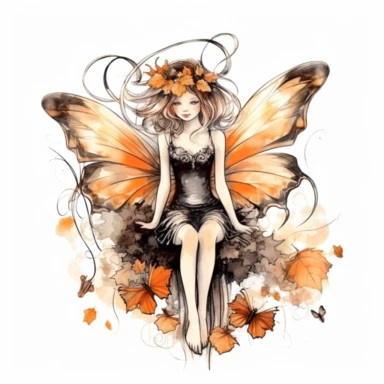 watercolor style Halloween fairy, clipart, large orange,wings, black white stripes, pumpkin, isolated on white background, in the style of Amy Brown, beautiful fall floral, bright color, crisp lines, chaos 8