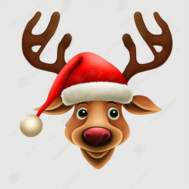 beautiful portrait of Rudolph, Christmas Reindeer, Christmas hat, cartoon style by Disney, clipart, flat design, white background, digital art