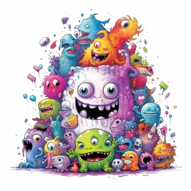 horror kawaii single monster clipart surrounded by a white background, rotten, ben templesmith, lisa frank, frank frazetta, richard scarry, clean border, white background