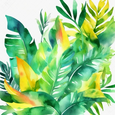 leave, lovely looking, tropical, include green, bright colors summer vibe, 4k, professional sketch, water colors, clipart, solid background
