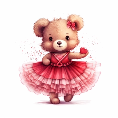 Adorable cute fantasy Teddy bear dressed like a Romantic ballerina, wearing red tutu, nursery art, clipart image, lineart image, white background , very detailed, 8k