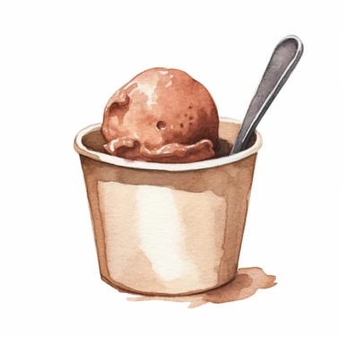 a minimal watercolor clipart of a big chocolate ice cream scoop in a paper container, white background