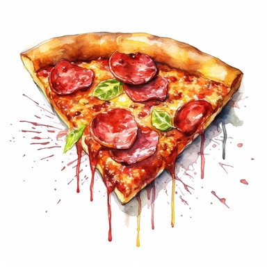 a captivating watercolor, hyper-realistic clipart image with a white background and white margins, portraying a mouthwatering slice of pepperoni pizza with melted cheese and a flavorful tomato sauce. The ultra-detailed, hand-drawn elements capture the stringy cheese and rich colors of the pizza toppings. Use bold shades of red, yellow, and brown to create a visually enticing image that showcases the cheesy and comforting nature of this fast food classic