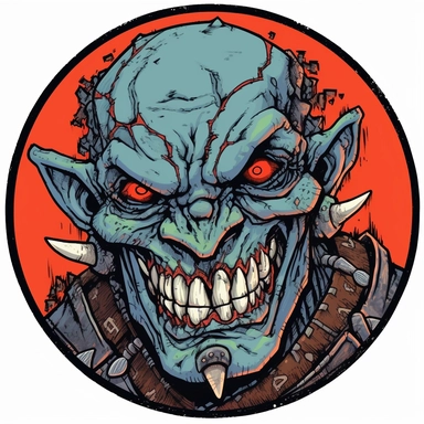 A circular tondo depicting a Dungeons & Dragons character female orc orcish badass boss warrior bandit, Mike Allred Josh Kirby Mad Max Lord of the Rings, handpainted enamel punk zine indie retrowave, clipart illustration, circle solid background