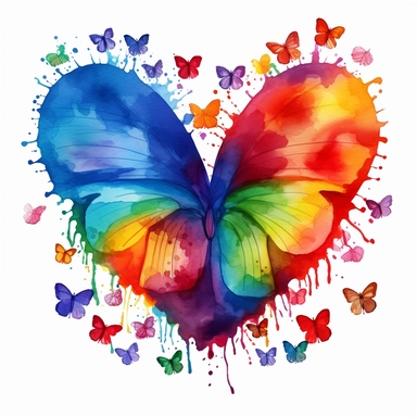 Cute Beautiful rainbow Heart And Butterflies Watercolor Sublimation Clipart,Cartoon, hyper realistic, intricate detail, illustration style,high solution,on the white background