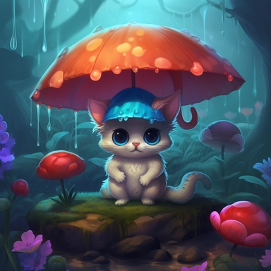 Enchanting, high-quality splash art of an adorable( baby kitty:1.1) up close sitting under (toadstool:1.1) (mushroom:1.1) shaped like an umbrella in an (enchanted forest:1.1) in the (rain:1.1) dark shadows, deep contrast, (bioluminescence:1.1), magical, mystical, intricately detailed scene, (soft pastel colors:1.1) with a touch of (bright colors:1.1), wet muddy ground, puddles, fantasy-inspired art,masterpiece, award winning, digital artwork, Clip Studio Paint, rich colors, painterly texture, tr