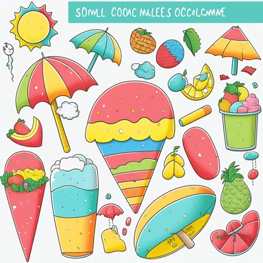 Please create a series of color-pencil clipart illustrations featuring different items related to summer. Each illustration should be drawn in a playful and cheerful style that captures the vibrancy and warmth of the season. Items to include can be beach balls, watermelons, sun hats, flip-flops, and ice cream cones. Please use a colorful and coherent color palette that is bright and evokes the feeling of warmth and sunshine. Colors that are associated with summer, such as yellows, oranges, pinks