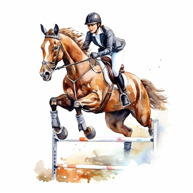Show jumping with obstacles, highly detailed, watercolor, clipart, illustration, white background, digital painting, paper crafting, no signature, no text
