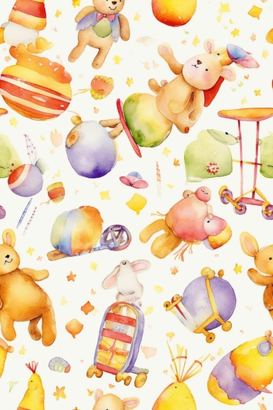 A delightful watercolor clipart seamless pattern featuring whimsical baby toys and accessories (medium: digital illustration)(style: inspired by the works of Beatrix Potter and Margaret Tarrant)(lighting: bright and cheerful with bold contrasts)(colors: vibrant hues of yellow, orange, and purple)(composition: a repeating pattern of fun baby items, such as mobiles, rattles, and teethers, with a watercolor effect that adds a whimsical touch, captured with a high-quality camera and a wide-angle len