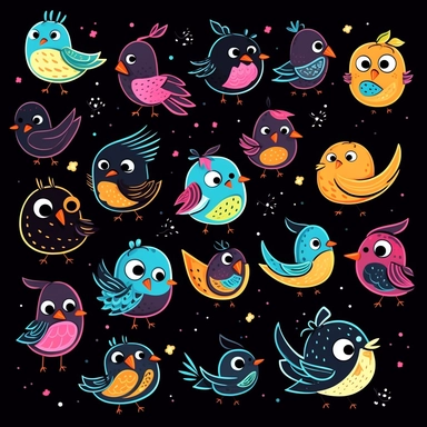 cute cartoon bird clipart, black background,--no cut off edges