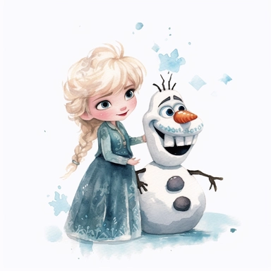 cute Elsa and Olaf the snowman, birthday party, Disney, Pixar style, watercolour white background Clipart
