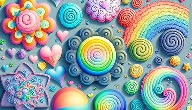 pastel rainbow loops, hooks, hearts, stars, rainbows, swirls, seamless pattern of whimsical magical flower, clipart, cartoon, blossoms, Big Flowers, decorative buttons, watercolr, Kawaii, hyper realistic, intricate details,