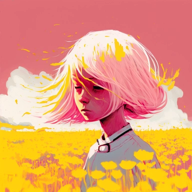 dreamlike hyper realistic illustration of a white fire haired girl's spirit in a field of pink and yellow flowers, flat colors, simple lines, gorgeous lighting, graphic novel style, 2d painting, ink painting style, digital art, childrens character design, happy mood, pixar style cartoon, line work, minimalist, watercolor, 8k, PNG, clipart on white background, sticker style, studio ghibli vibe, studio ghibli style