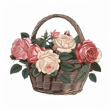 vintage basket of roses sublimation clipart, vector, illustration, 2d, flat colors, isolated background