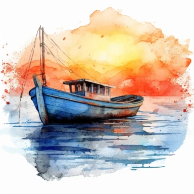 clipart de acuarela de barcas en el mar en atardecer sobre fondo trasero blanco, super detallado,moche art, 16k, full color, fotorealista, obra maestra, manchas de acuarela