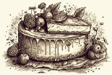 Design of cheesecake clipart, hd on clear and white background spaced out style of Aaron Horkey