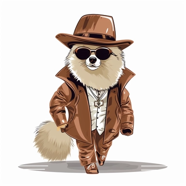 a pomeranian dog walking down a street dressed like a pimp. sunglasses, gold chain, hat with a feather sticking out, a very simple outline drawing, clipart, line art