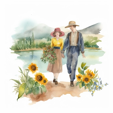 engaged couple from the country in the early 20th century are walking holding hands alongside a small river that has sunflowers, wildflowers and lavender growing nearby watercolor clipart no fonts no letters no words -