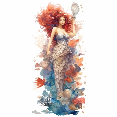 beautiful rich sea mermaid on corals full body with mermaid fish tale, sea stars, sea shells, super high quality, high resolution, oil painting clipart, natural colors, isolated white background, 8k