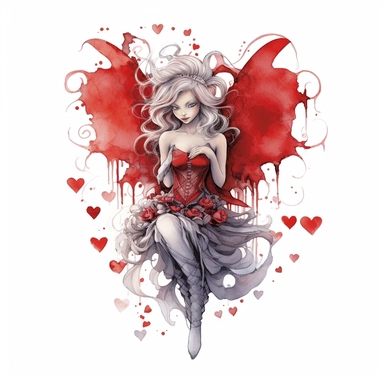 valentine fairy, red and silver colors, hearts, thick border lines, watercolor, clip art, spaced out, white background