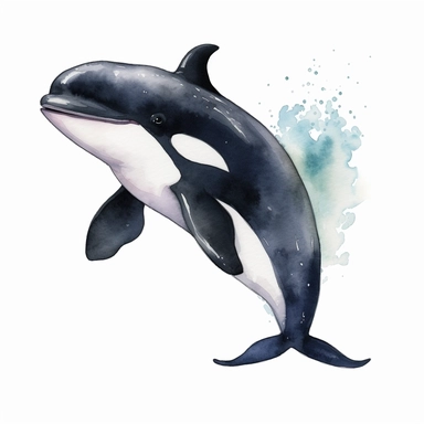 full body shot extremely cute smiling watercolor orca whale clipart with black outline and white bg