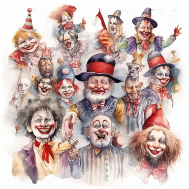 hand drawn vintage circus clowns acting silly , glamorous, soft, detailed and realistic, watercolor, clipart style, white background with margins