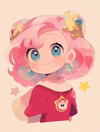 Aries cartoon girl with twelve constellations, lovely sheep horn, pink hair, beautiful and charming blue eyes, whimsical style and fantasy elements, lovely and colorful, eye-catching, honey core, rainbow color, clip art, pink background, Pixar style front view, - niji 5 q 2