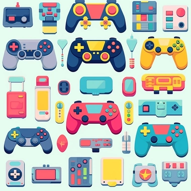 Gamepads vector clipart, vector cute collection, in the style of# screenshotsaturday, light blue soft pastel background, flat areas of color, flat color blocks, 1970–present, rough - edged 2d animation, lightbox, colorful animation stills, high quality clipart, front view