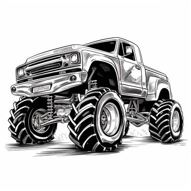 black and white monster truck clipart, 2d vector , sharp resolution, white background