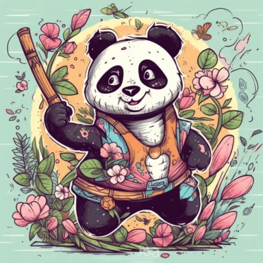 a happy panda with a bamboo shoot and a martial arts belt, depicted in a whimsical, cartoon style, surrounded by colorful flowers and butterflies. The mood of the artwork is cheerful and playful, with a soft pastel color palette. The lighting style is bright and sunny, evoking a warm and inviting feeling. clipart design graphic, vector, contour, super cute, isolated white background, high quality, 2d, flat