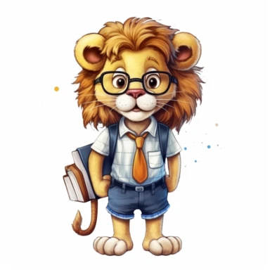 cute Lion character wearing school clothes and school element with happy face,front facing on isolated background,with happy face and expression,Animal Sublimation Clipart,no splash watercolor,white background, ultra detailed clipart, cut out image, colorful watercolor realistic, cartoon style, ultra HD, sharp and clean art