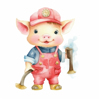 Clip art ,cartoon pig who is a fireman watercolor, no background