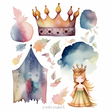 cute hand drawn watercolor clipart set on white background featuring crown and some bunting flags, like this