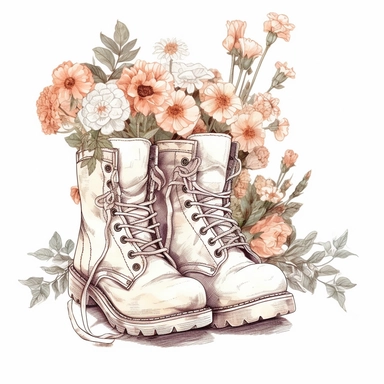 cottagecore clipart. white combat boots decorated with flowers. on a white background. cottagecore, feminine, frilly