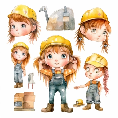 Watercolor collection clipart girl construction worker cute childish neutral colors on white background