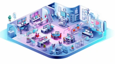 3d diagram of how technology works in a futuristic office, flat vector clipart with white background.