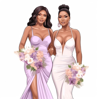 clipart, ultra realistic, hand drawn, 2 Bridesmaids facing right , both with beautiful bright smiles to celebrate the bride, wearing the color lavender, carring bouques of summer florals, Full body. Clothing line, retail fashion, 2023, fashionnova, African american, mid sized models. Highly detailed. very attractive, glamorous, make up beautiful, gorgeous, glowing make - up. full body and heels. multiple outfits. individually spaced far apart. stunning hasina parker illustration, boss lady, clea