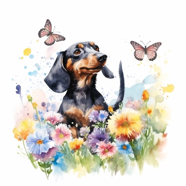 Dachshund happily playing with a squeaky toy in a vibrant garden filled with blooming flowers and butterflies, showcasing its energetic and curious nature, white background, watercolor clipart.