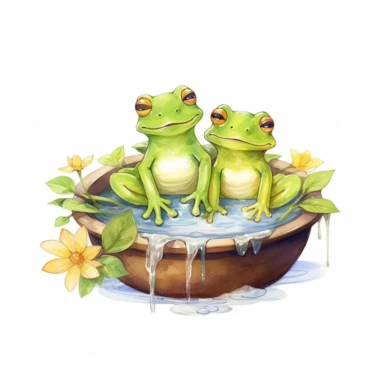 cute watercolor frogs sitting on lilly pads clipart white background