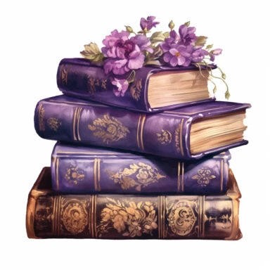 vector watercolor purple hyper realistic vintage three of ornate Regency-era purple book volumes and small lilac clipart on white background, stack of books and flowers, worn and old, Victorian style, purple color scheme, intricate binding, ultra detailed, photorealistic, realistic, detailed watercolor style, on white background, dark academia style