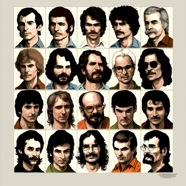 bunch of people clipart, 3 rows, charles manson, jeffery dahmer, ted bundy, john wayne gacy, richard ramirez, david berkowitz, dennis rader, gary ridgway, ed gein, ultra high definition by helen levitt, 1980, 35mm, individual images, detailed, white background