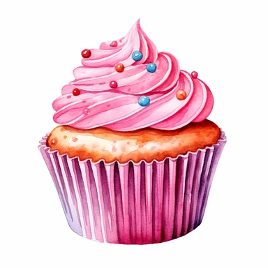 clipart of a delicious cupcake with pink frosting, biscuit pieces, white background, watercolor, high details, crisp details
