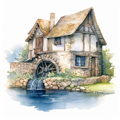 An enchanting watercolor clipart illustration of a picturesque medieval cottage with waterwheel perched near a meandering river, embraced by a tranquil countryside. The cottage boasts weathered stone walls, a thatched roof adorned with climbing vines, and a meticulously crafted waterwheel gracefully spinning by the riverside. The calming river reflects the surrounding nature, with delicate ripples and vibrant aquatic life. Against a clean white background, the watercolor medium enhances the cott