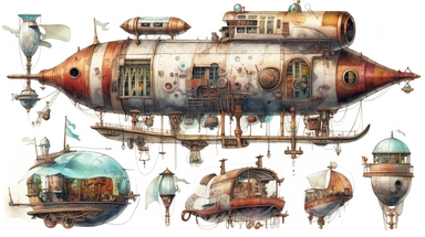 steampunk airship, clipart, white background, watercolor, hyperrealism, high detail, separate elements, set