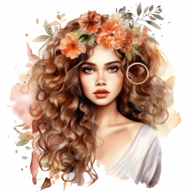Create a watercolor clipart portrait of a young model with curly hair, wearing bohemian-inspired clothing and accessories like flowy dresses, floral headbands, and layered jewelry, clipart, white background