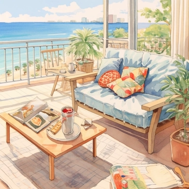 watercolor, hyper realistic, white background, white margins, 16k, ultra detailed clipart, cut out image, hand-drawn, whimsical manhwa style, ultra HD, sharp and clean art cozy balcony with a colorful rug, a comfortable armchair, and a small table with a cup of coffee, overlooking a beach with palm trees.