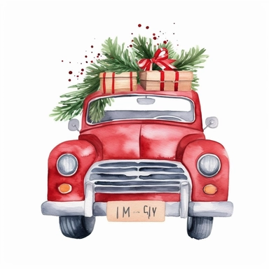 Red Christmas Truck clipart Decoration on white background, watercolor bright high resolution